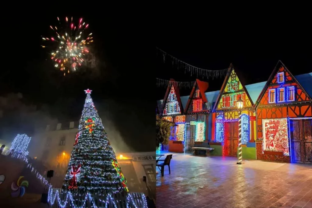 Árbol de navidad monumental y esferas en Tlalpujahua pueblo mágico.