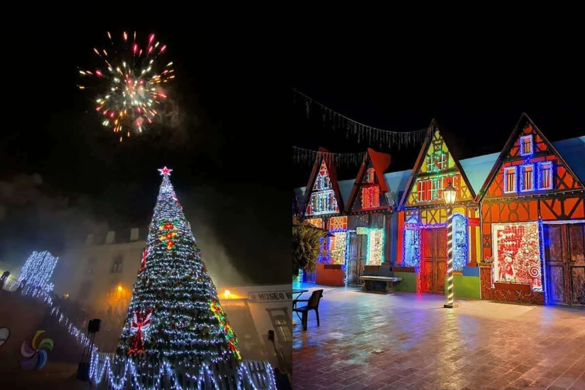 Árbol de navidad monumental y esferas en Tlalpujahua pueblo mágico.